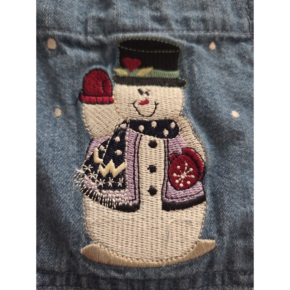 Vtg Christopher & Banks Chambray Snowman Button Up Top Women's Large Frosty Xmas - Picture 4 of 13